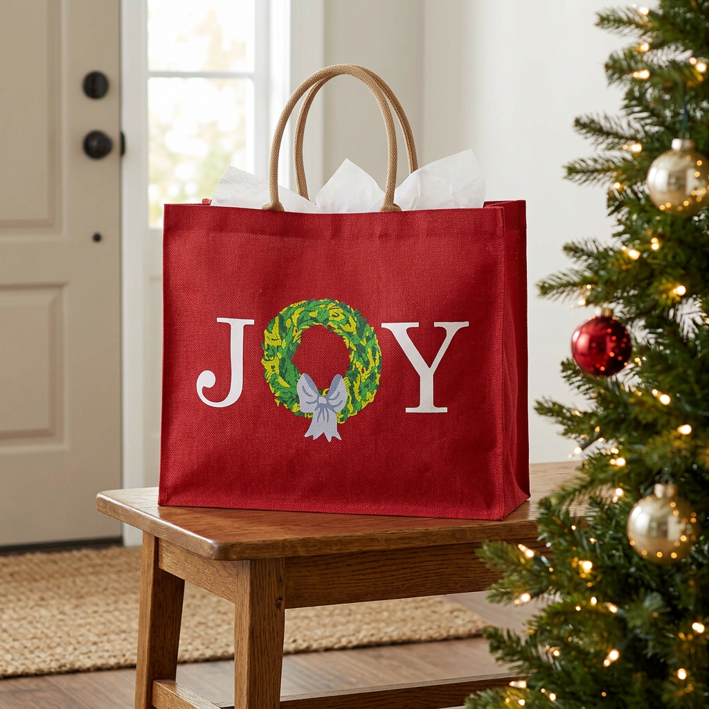 Red jute JOY wreath Christmas tote with natural handles and white tissue paper on a wooden bench beside a decorated Christmas tree.