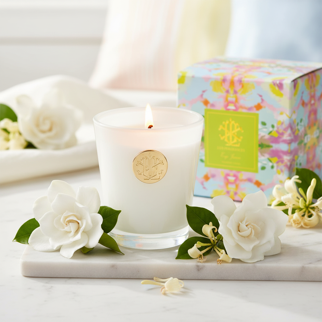 White candle with a decorative box and flowers on a marble surface