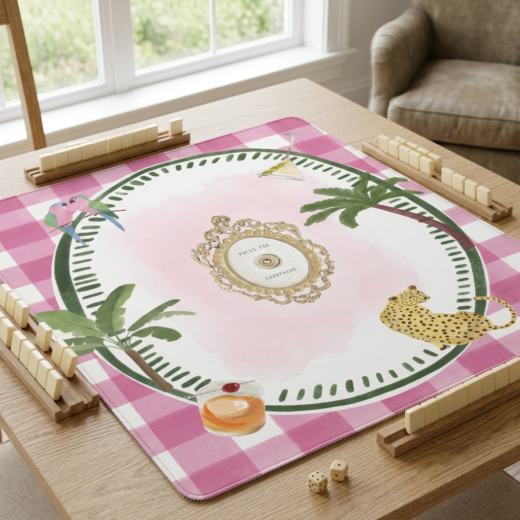 Pink gingham Mahjong mat with tropical artwork on an oak game table with ivory tiles and dice.