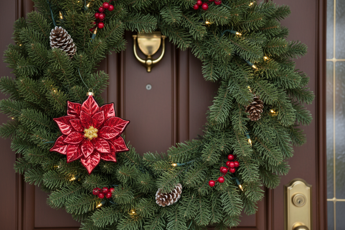 Red glass poinsettia ornament displayed on an evergreen Christmas wreath with warm lights and pinecones