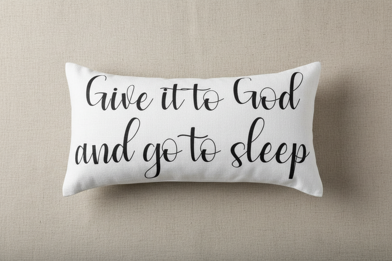 White pillow with black text 'Give it to God and go to sleep' on a beige background