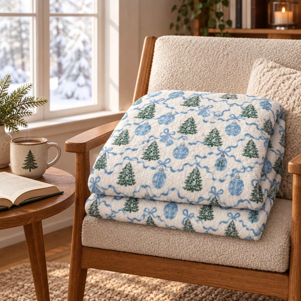 Folded winter pine print fleece blanket stacked on a wooden reading chair beside a snowy window with a mug and open book nearby