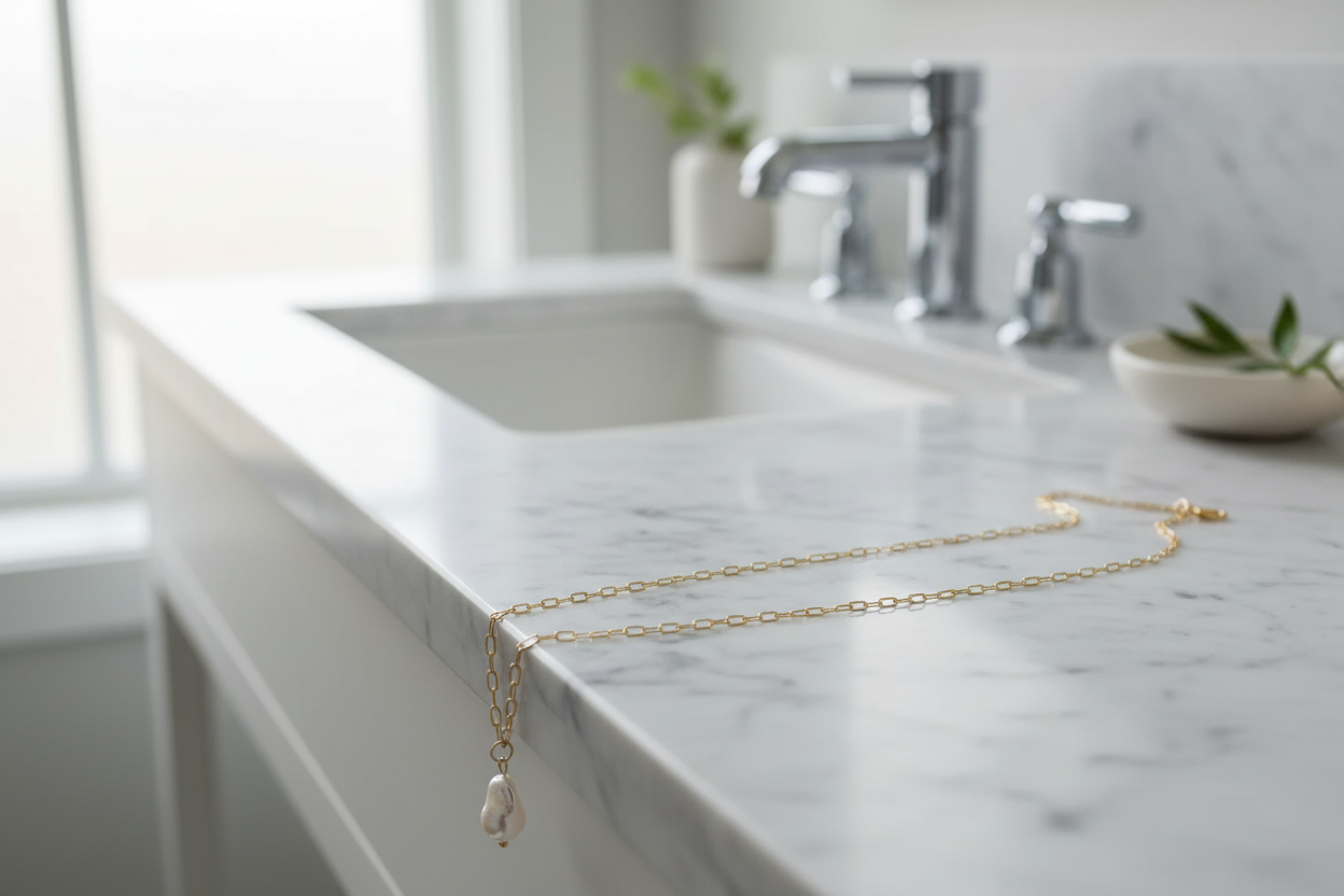 Gold necklace on a marble countertop with a blurred bathroom background
