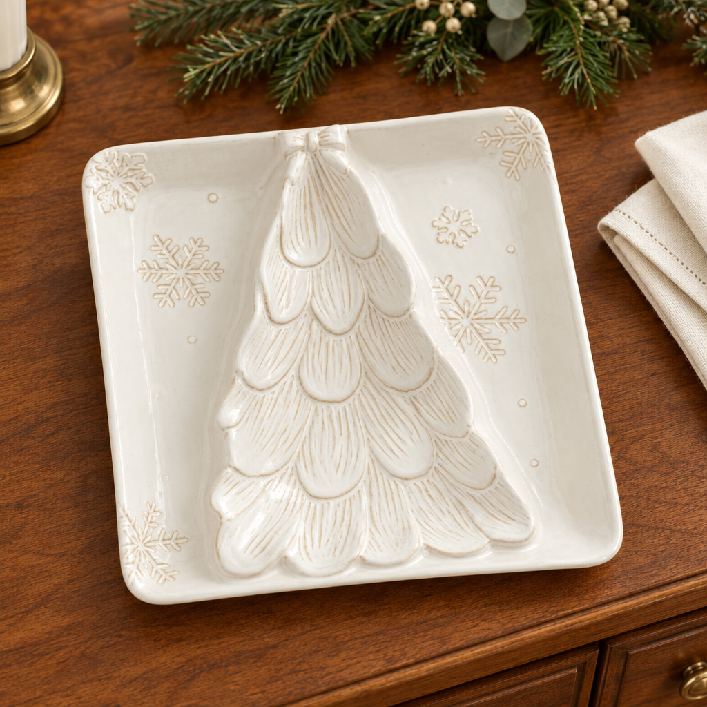 White square stoneware section server with raised Christmas tree and snowflake details, without ribbon, on a wooden holiday sideboard.