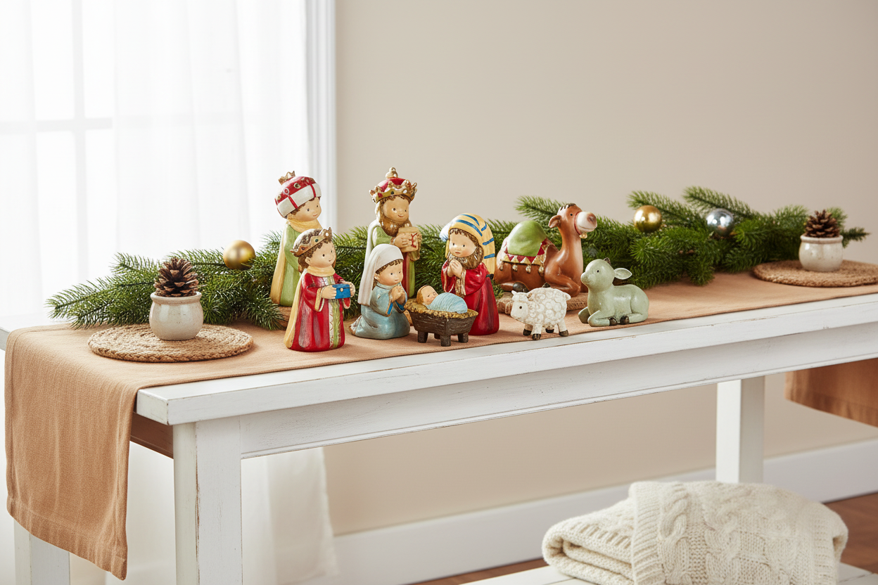 Nine-piece multicolor resin nativity set styled on a Christmas console table with evergreen garland