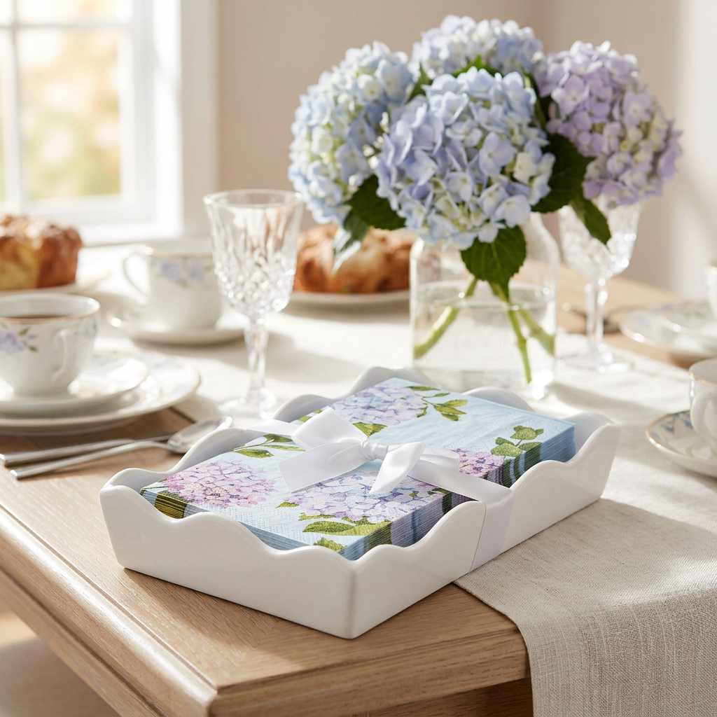 Hydrangea guest towel napkins and white wavy tray styled on a spring brunch buffet.