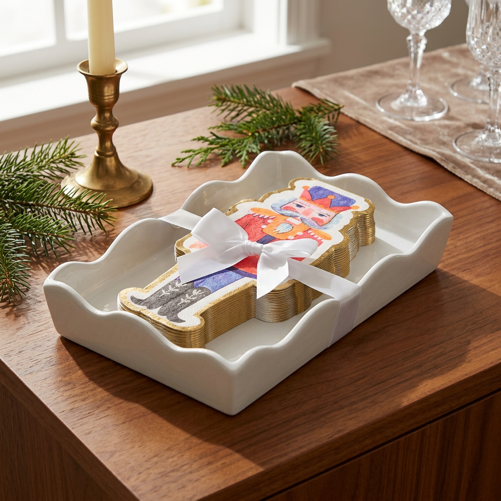 White ceramic wavy-edge tray with colorful nutcracker-shaped napkins styled on a wooden Christmas sideboard.