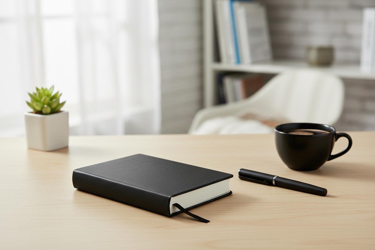 Toss Designs black Things I Can't Say Out Loud in Meetings journal on a writing desk beside a pen and coffee