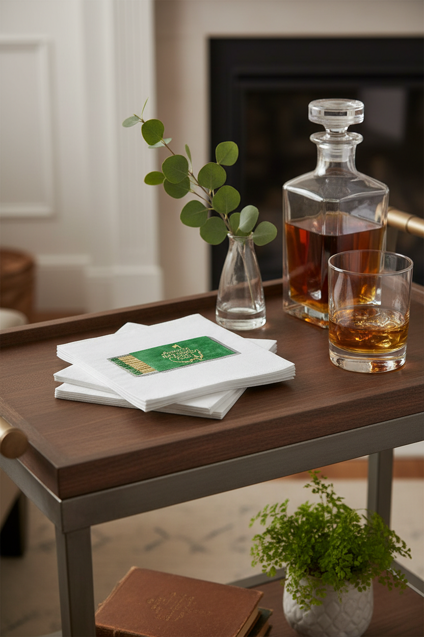 Bar cart with whiskey decanter, glass, and napkins in a home setting.