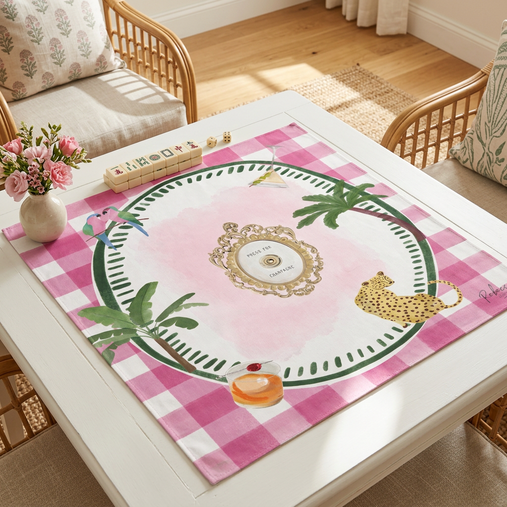 Pink gingham Mahjong mat with tropical artwork styled on a white game table in a sunlit sitting room.