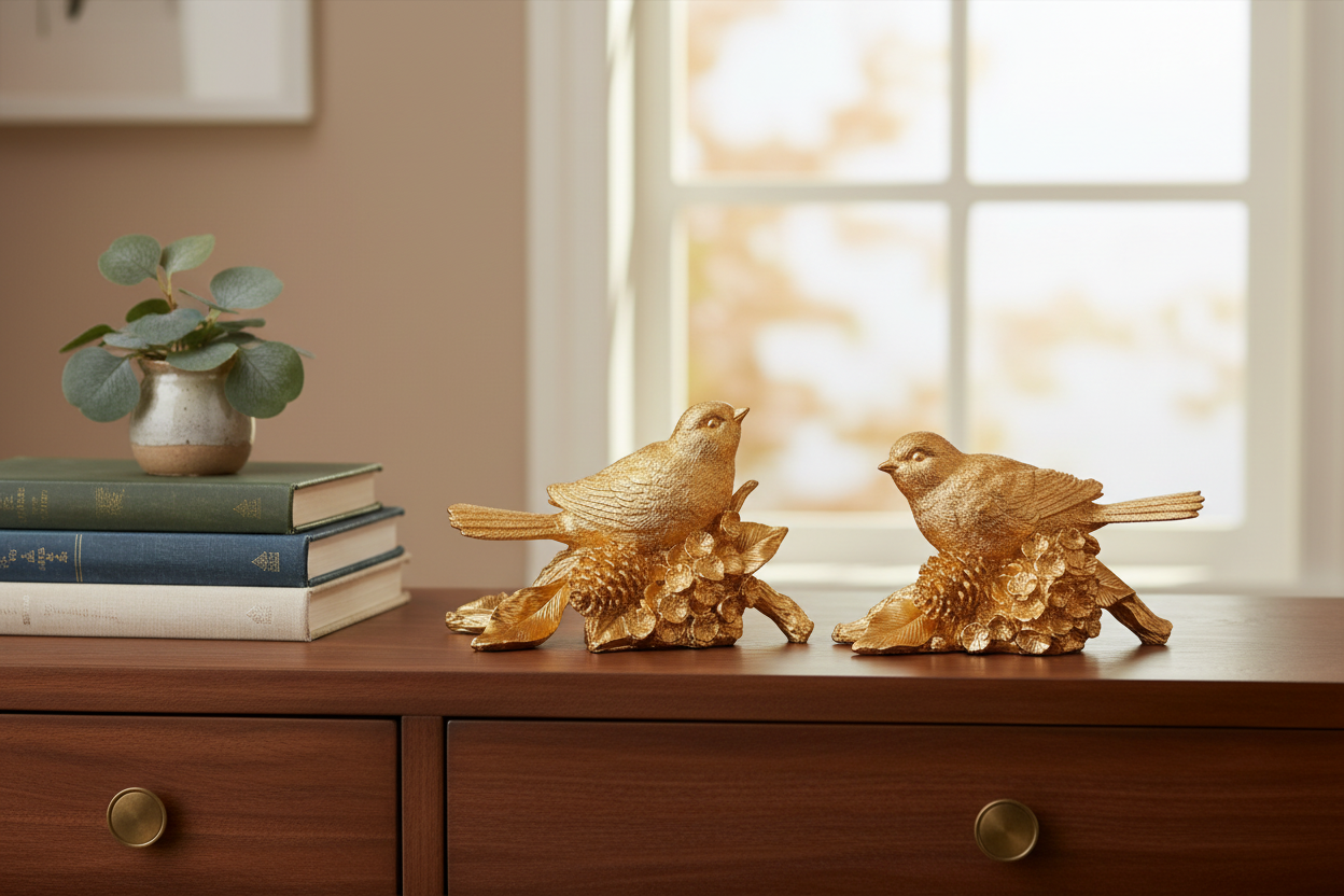 RAZ Imports set of 2 antique gold resin bird figurines perched on pinecone branches styled on a console table