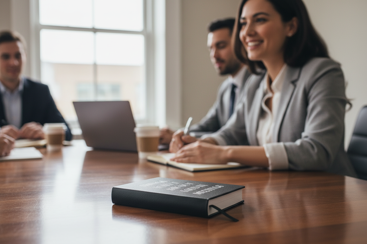 Toss Designs black Things I Can't Say Out Loud in Meetings journal on a conference table in front of a woman during a meeting