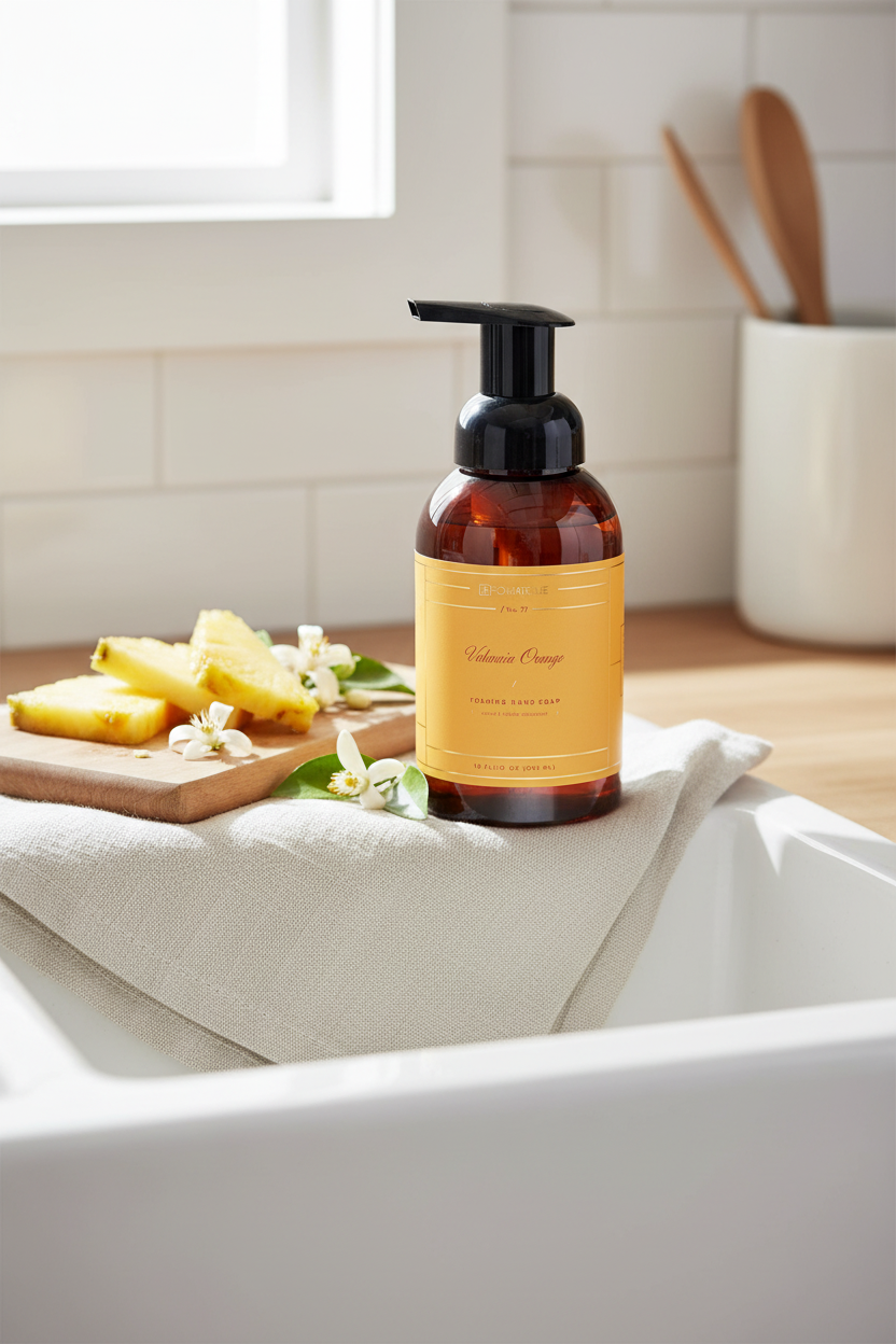 Valencia Orange Soap in a brown bottle by a sink 