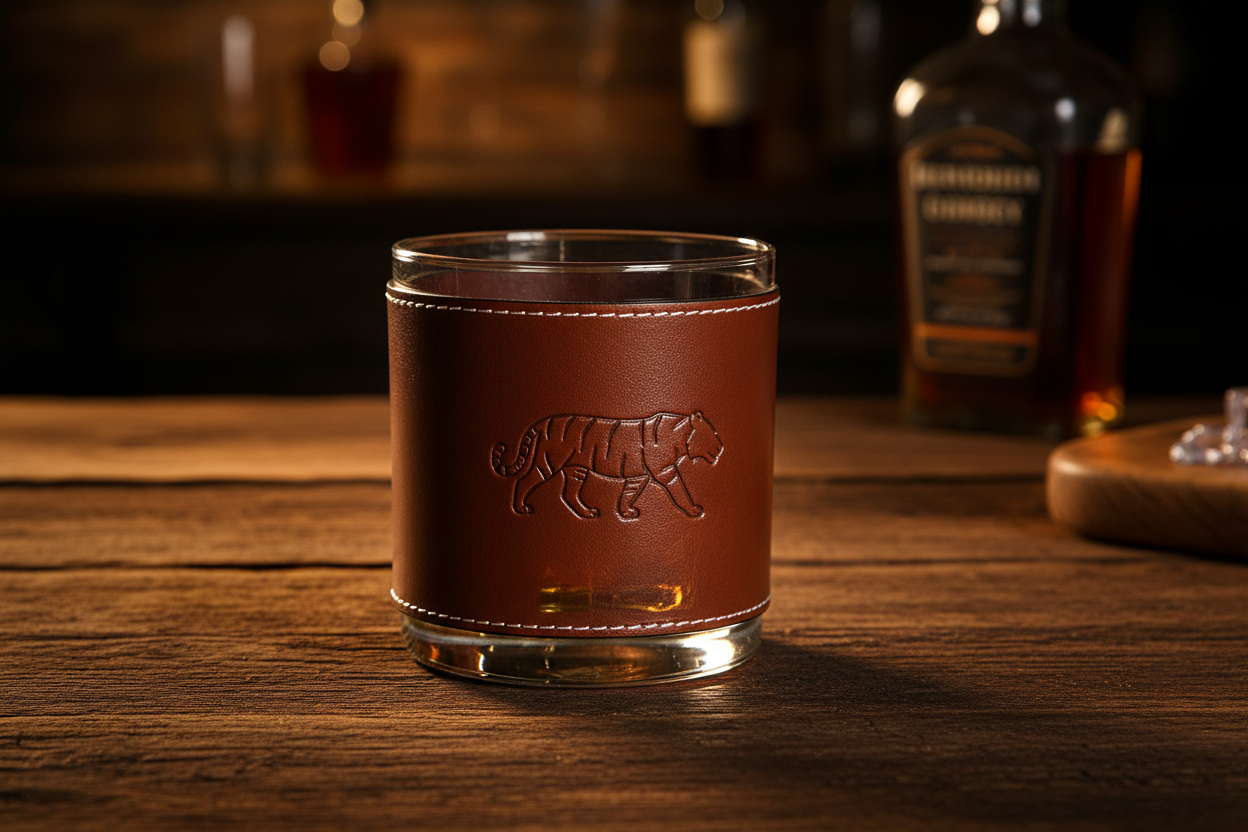 Barrel Down South Brown leather-wrapped glass with embossed design on a wooden surface, with a bottle in the background.