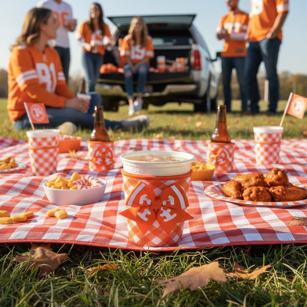 Orange gingham neoprene can coolie styled on a picnic blanket with gameday snacks in orange and white team colors