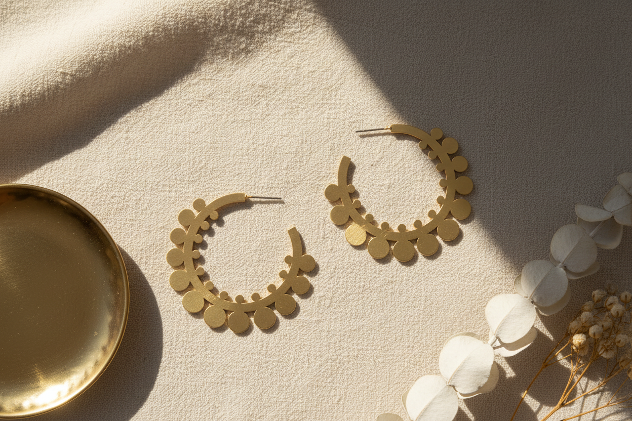 Gold hoop earrings on a textured beige surface with a soft focus background