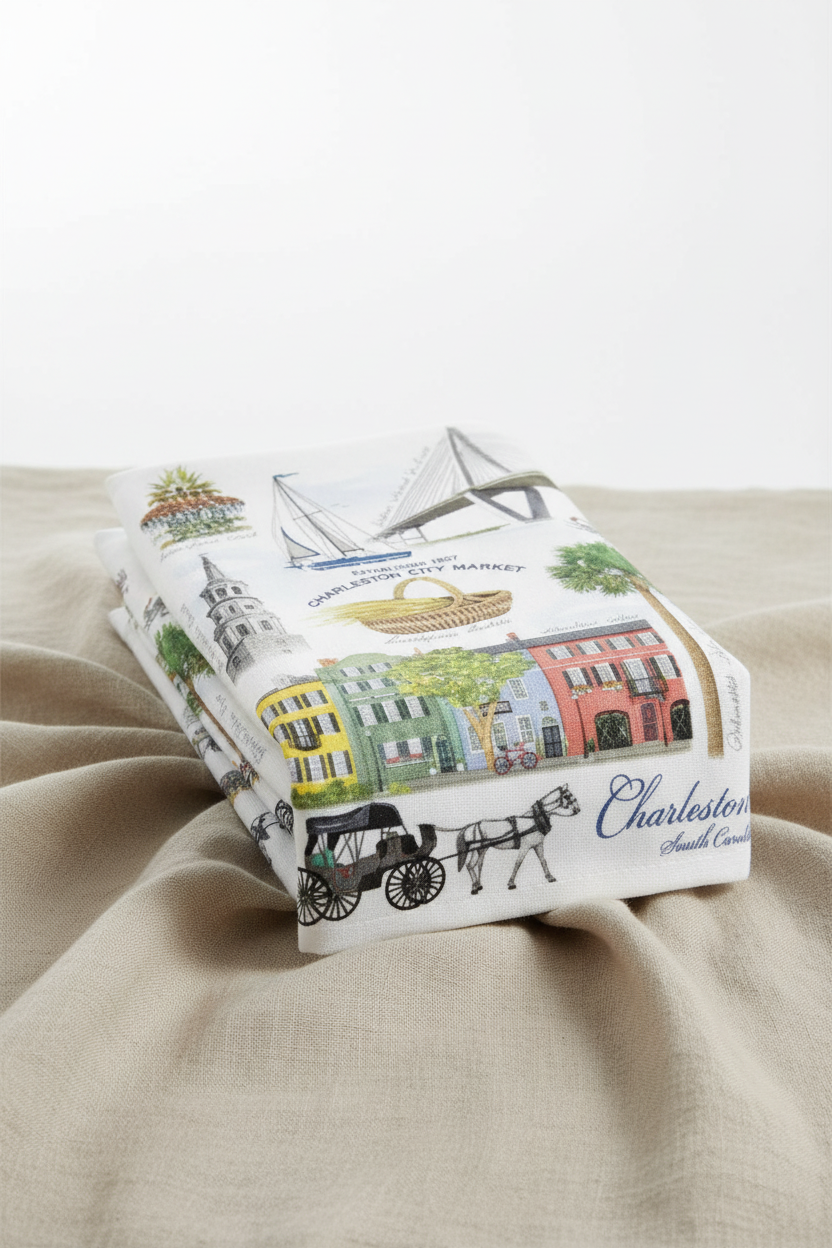 Charleston Collage hand towel folded on natural linen backdrop showing illustrated Charleston landmarks