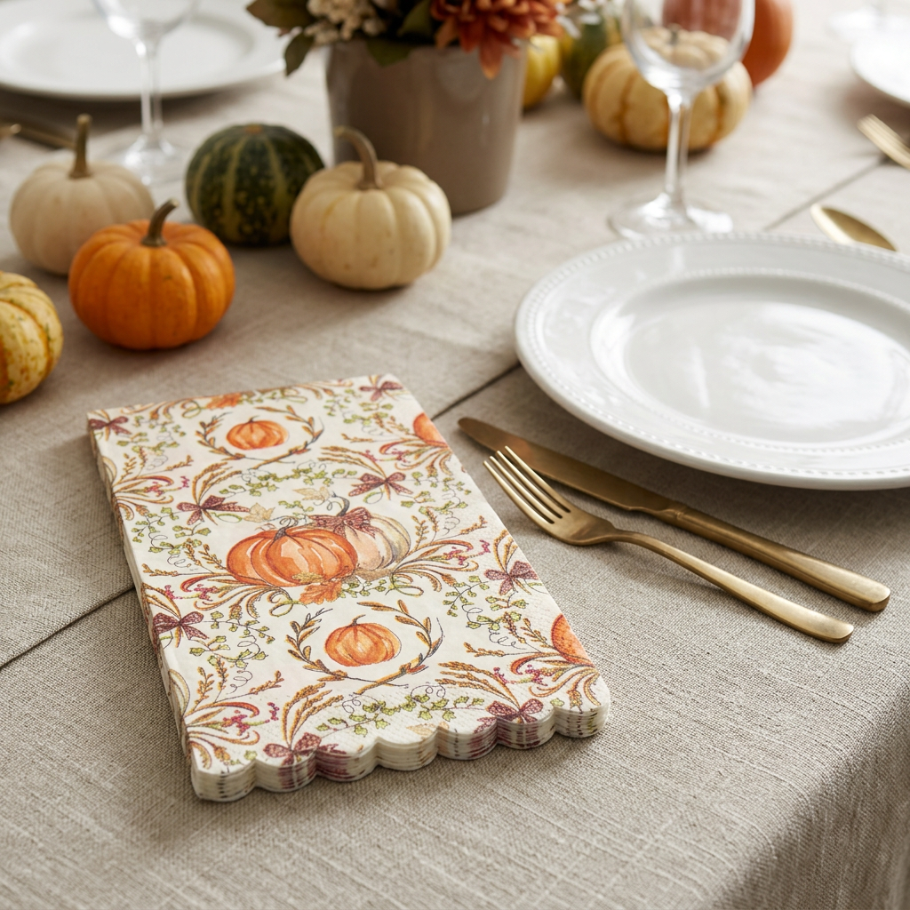 Turkey and Gourds scalloped paper guest towel napkins styled beside a plate on a Thanksgiving table.