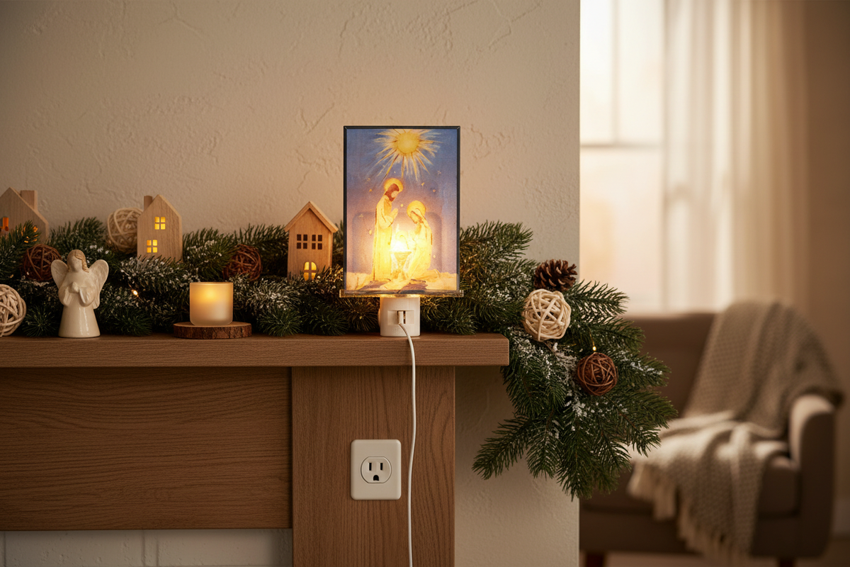 RAZ Imports 6-inch multicolor stained-glass Holy Family light illuminated on a Christmas mantel with its cord plugged into a wall outlet
