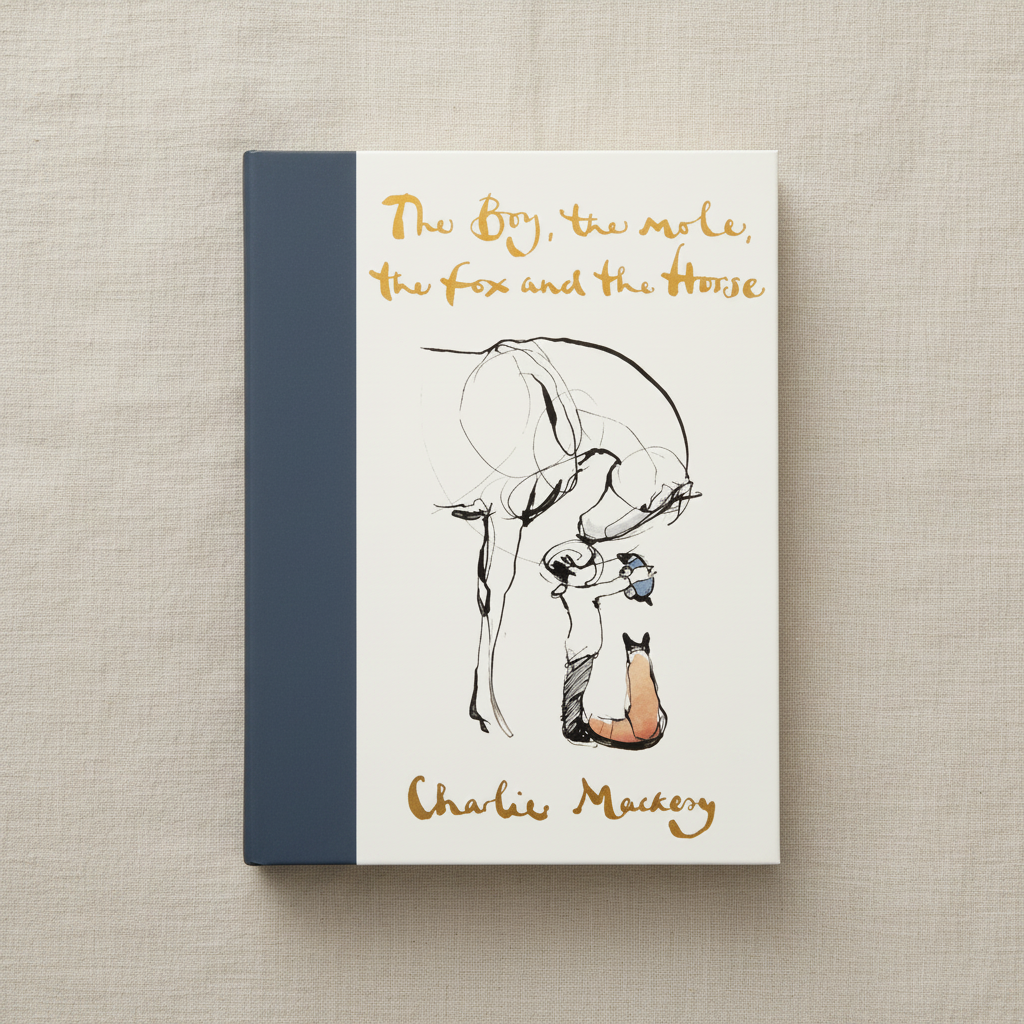 Book cover with illustration of a boy and a fox on a textured beige background