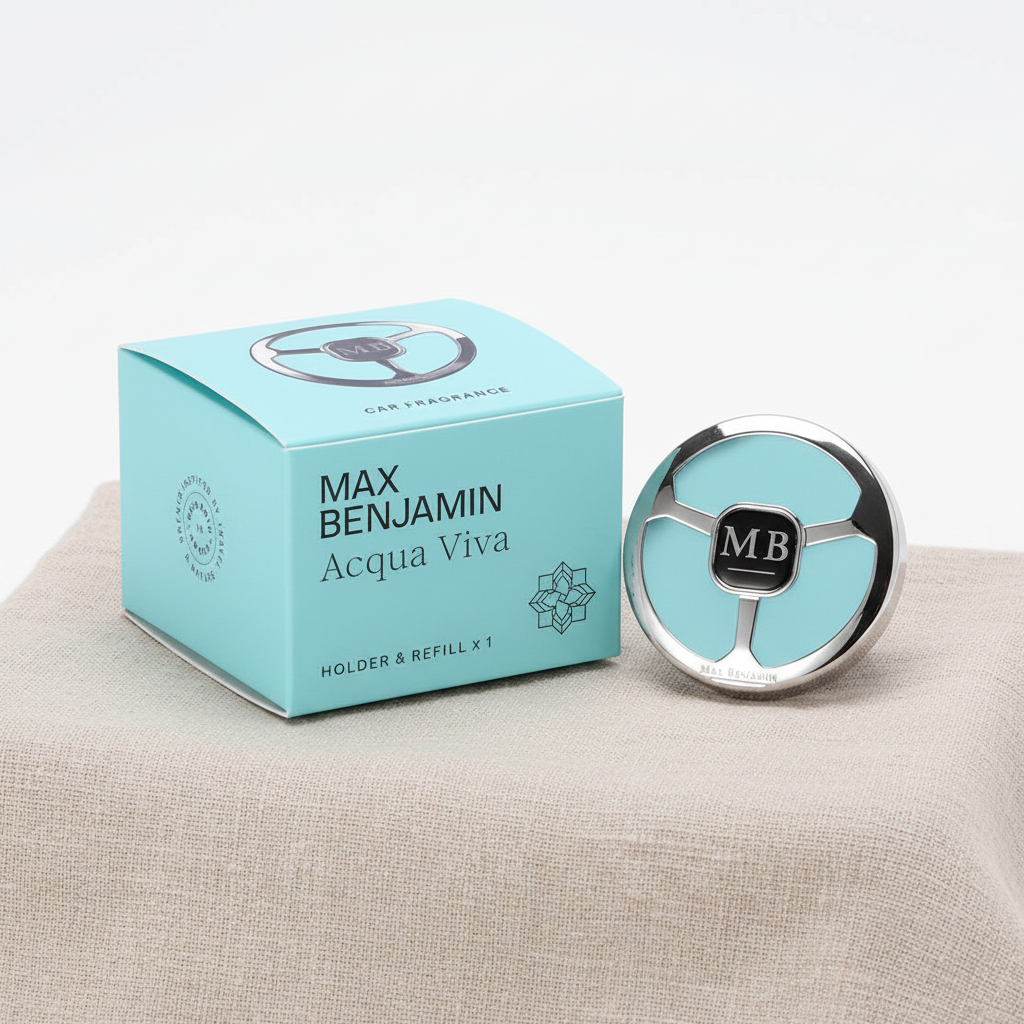 Max Benjamin Acqua Viva Car Fragrance Dispenser and teal gift box on natural linen backdrop