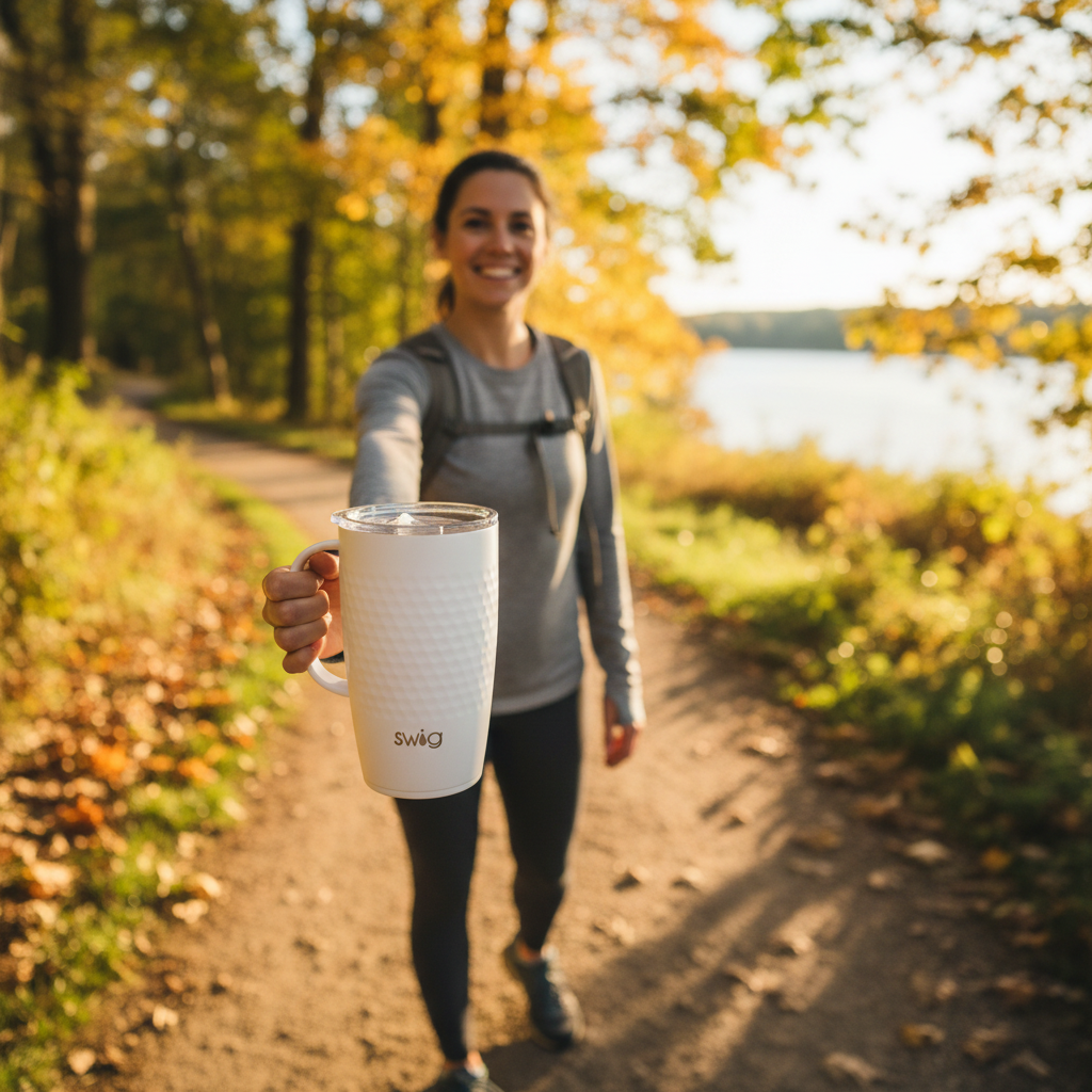 Person holding Swig 18 oz White Golf Ball Travel Mug outdoors