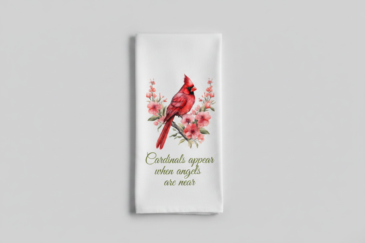 Watercolor Red Cardinal Floral Tea Towel