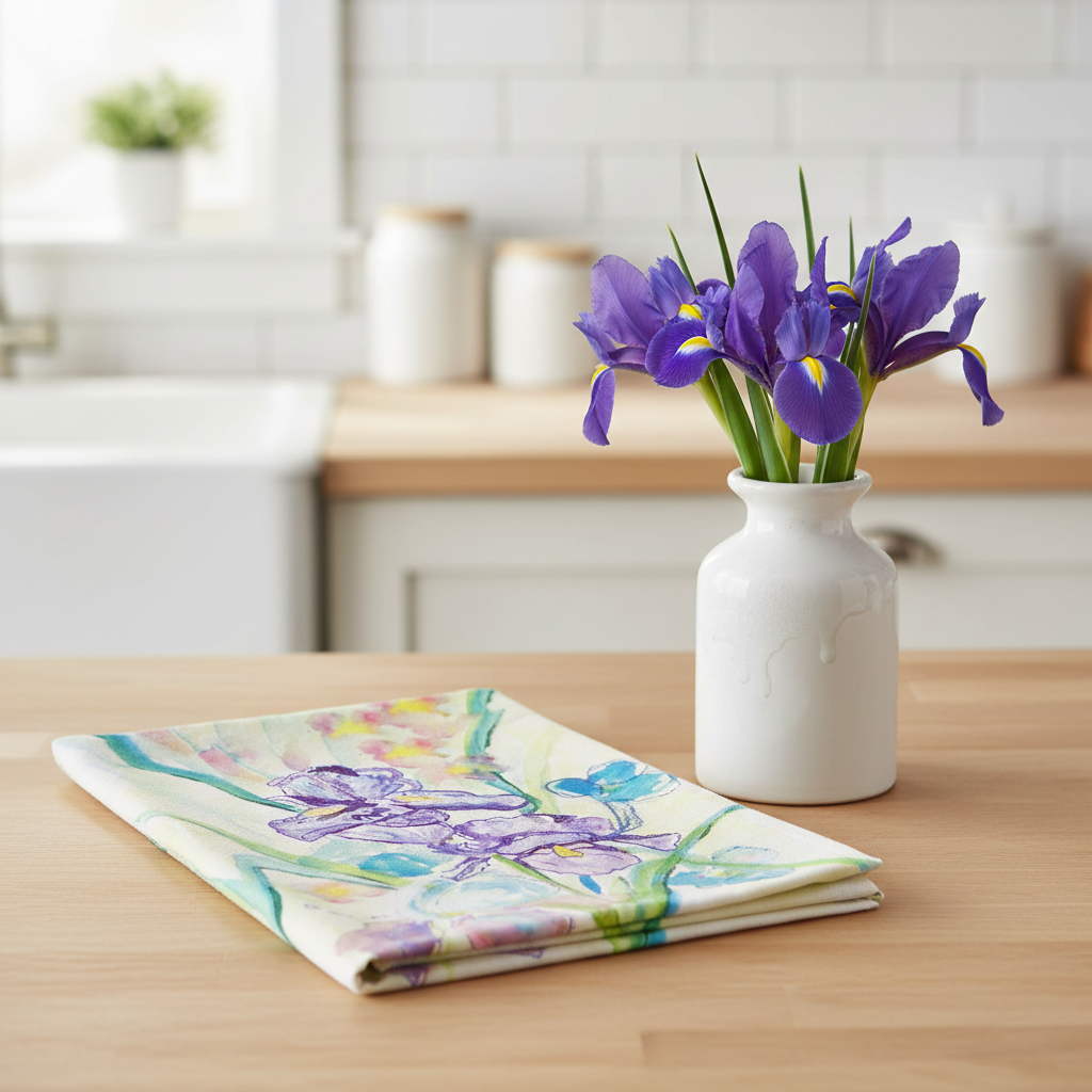 Betsy Drake Interiors Two Irises watercolor floral tea towel folded on a light wood kitchen counter next to a ceramic vase of purple irises