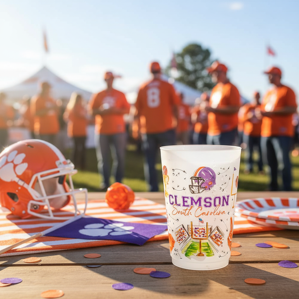 Clemson South Carolina frosted flex cup on a tailgate table with orange and purple gameday decorations, sunny fall afternoon