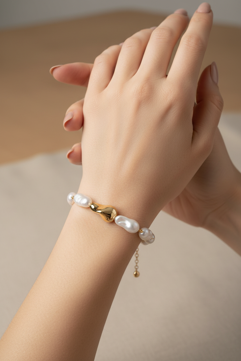 Hand wearing a pearl bracelet with a gold clasp on a neutral background
