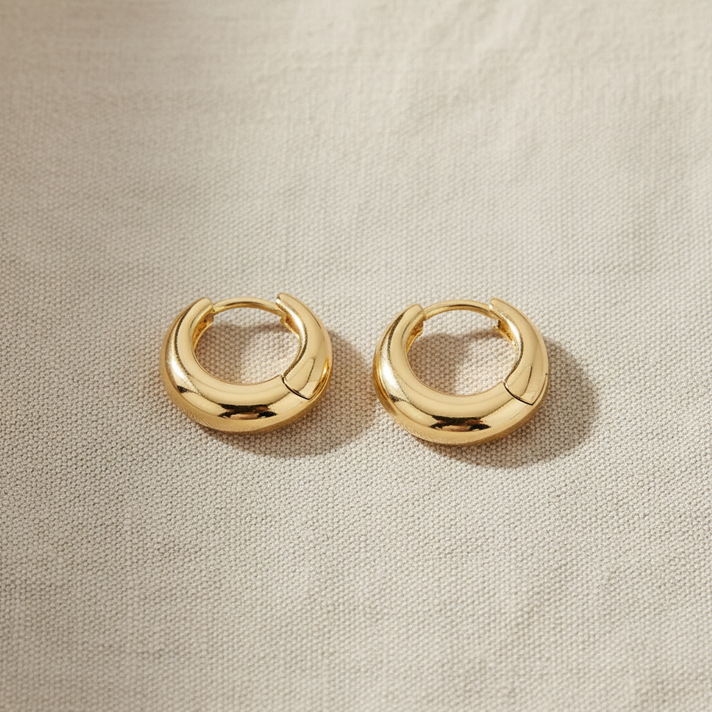 Pair of Michelle McDowell Evie gold hoop earrings on a beige fabric background
