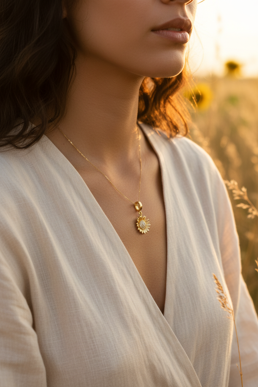 Woman wearing a gold necklace with a sunflower pendant in a field at sunset.