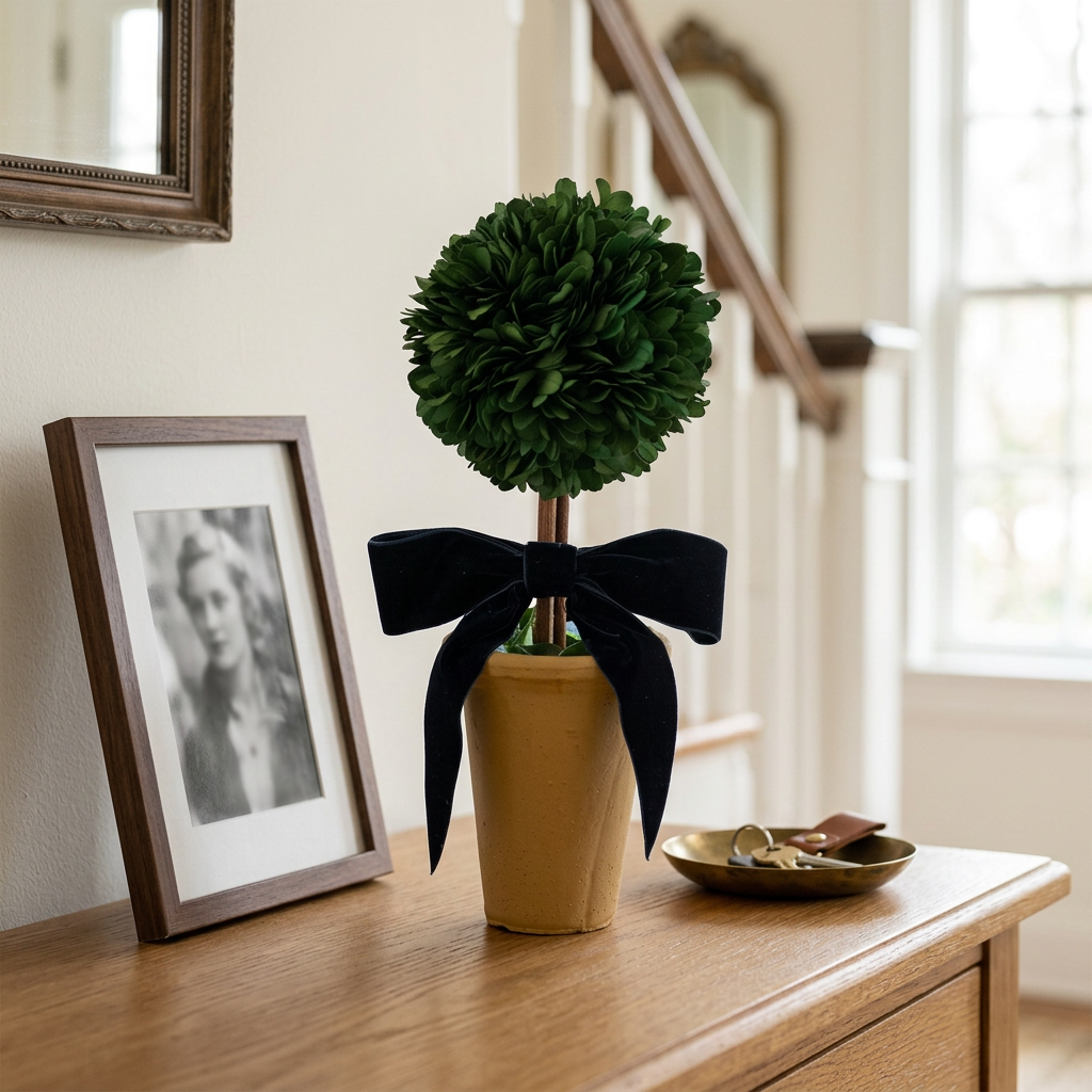 Dried Boxwood Tree in Terra-cotta Pot w/Navy Velvet Bow