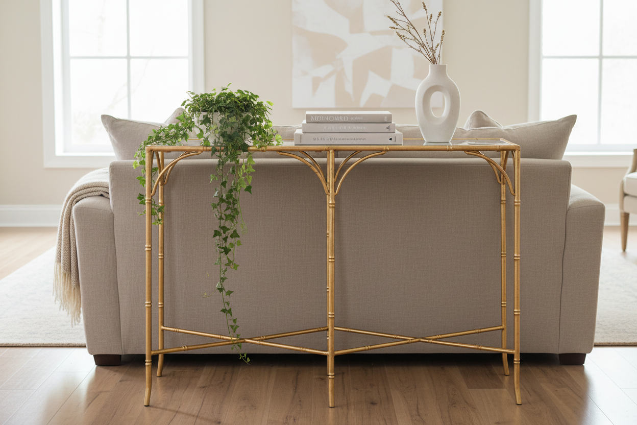 Napa Home & Garden Daphne Gold Bamboo Console Table with Mirrored Top styled behind a sofa with greenery, coffee table books, and sculptural vase