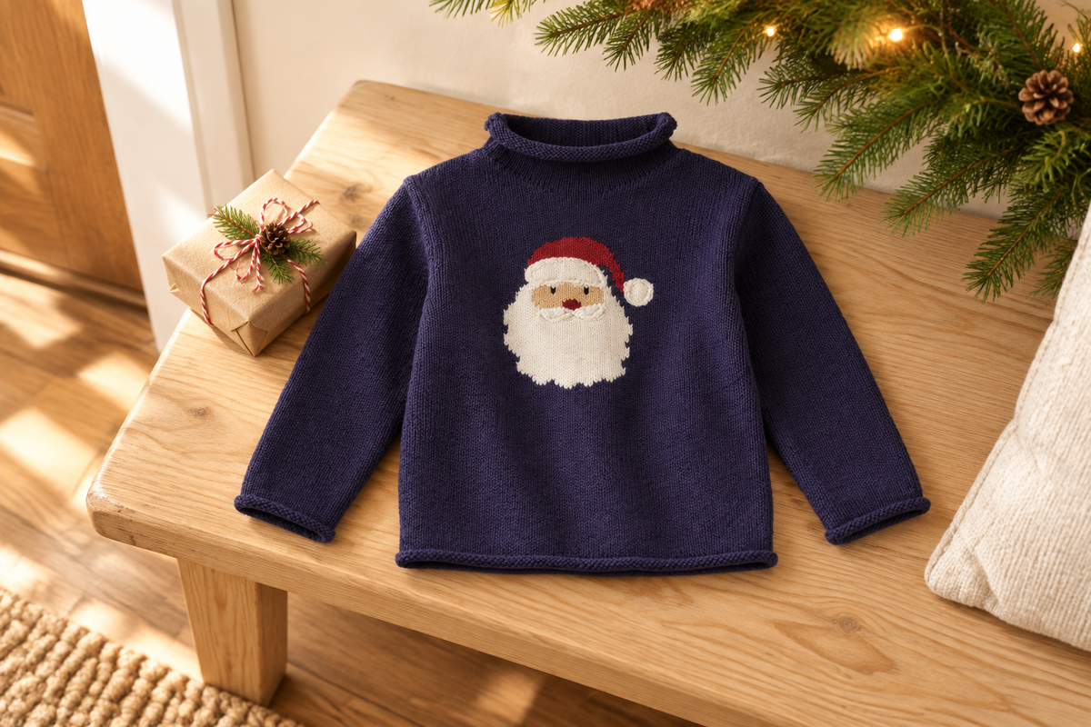 Mud Pie navy Santa rollneck sweater laid on a holiday entryway bench, size Medium (2T-3T)