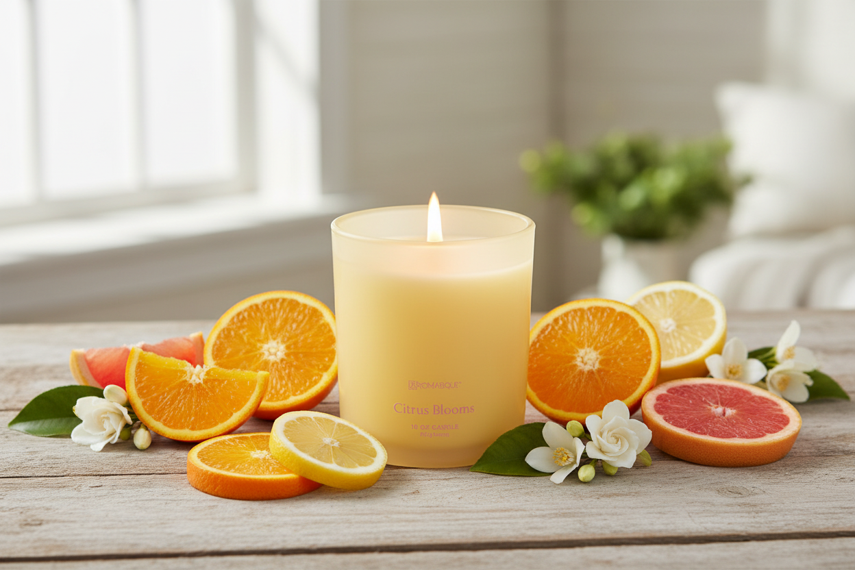 Aromatique Candle with citrus scents surrounded by sliced oranges, lemons, and grapefruits on a wooden surface.