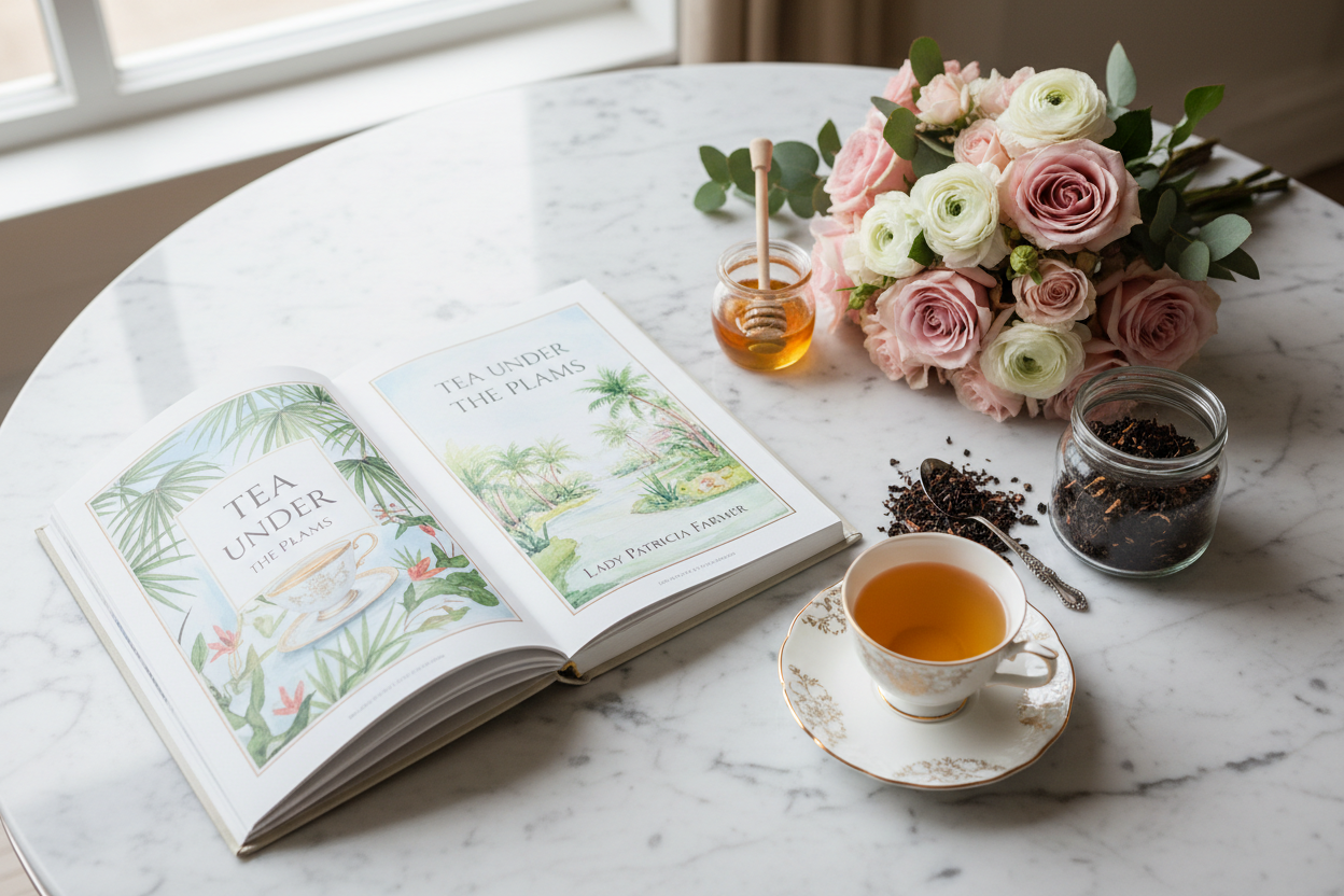 Lifestyle flat lay of Tea Under the Palms book open on a marble table surrounded by fine china teacup, fresh flowers, honey jar, and loose leaf tea in soft natural light