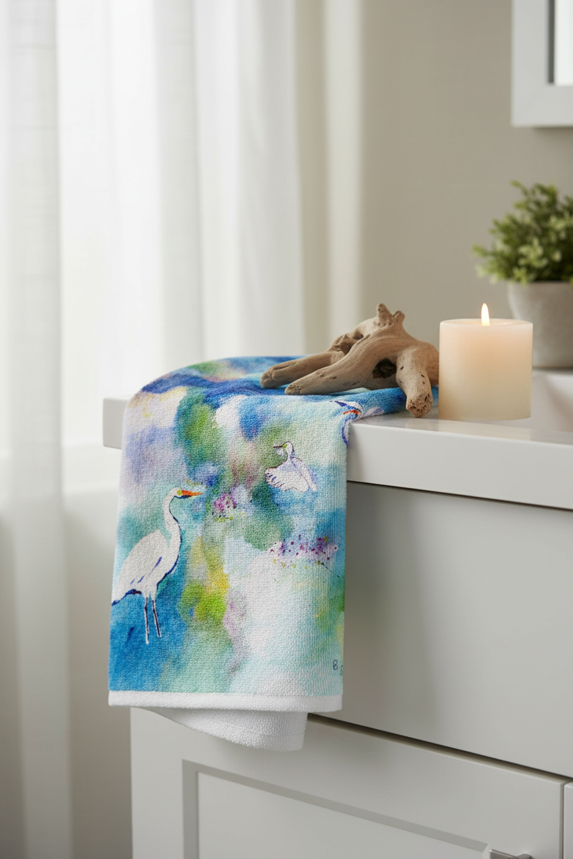 Betsy Drake Interiors Three Egrets watercolor guest towel draped over a white bathroom vanity with driftwood and a white candle in a coastal bathroom