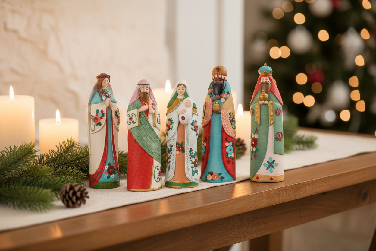 RAZ Imports 6-piece multicolor resin nativity set styled on a tabletop with candles and evergreen accents