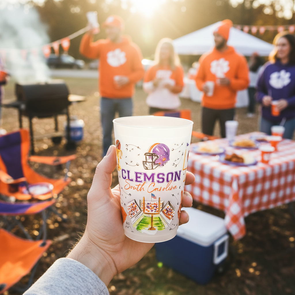 Clemson South Carolina frosted flex cup held at a tailgate party with orange and purple team colors, golden hour light