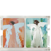 Two colorful cards with abstract designs on a white background