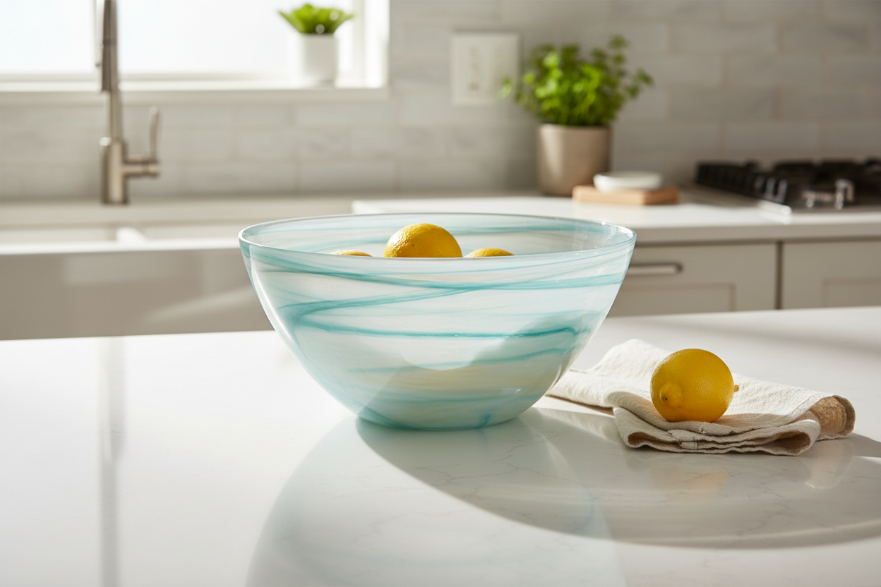 Lagoon Alabaster Glass Bowl – Lifestyle photo on a kitchen counter with lemons 