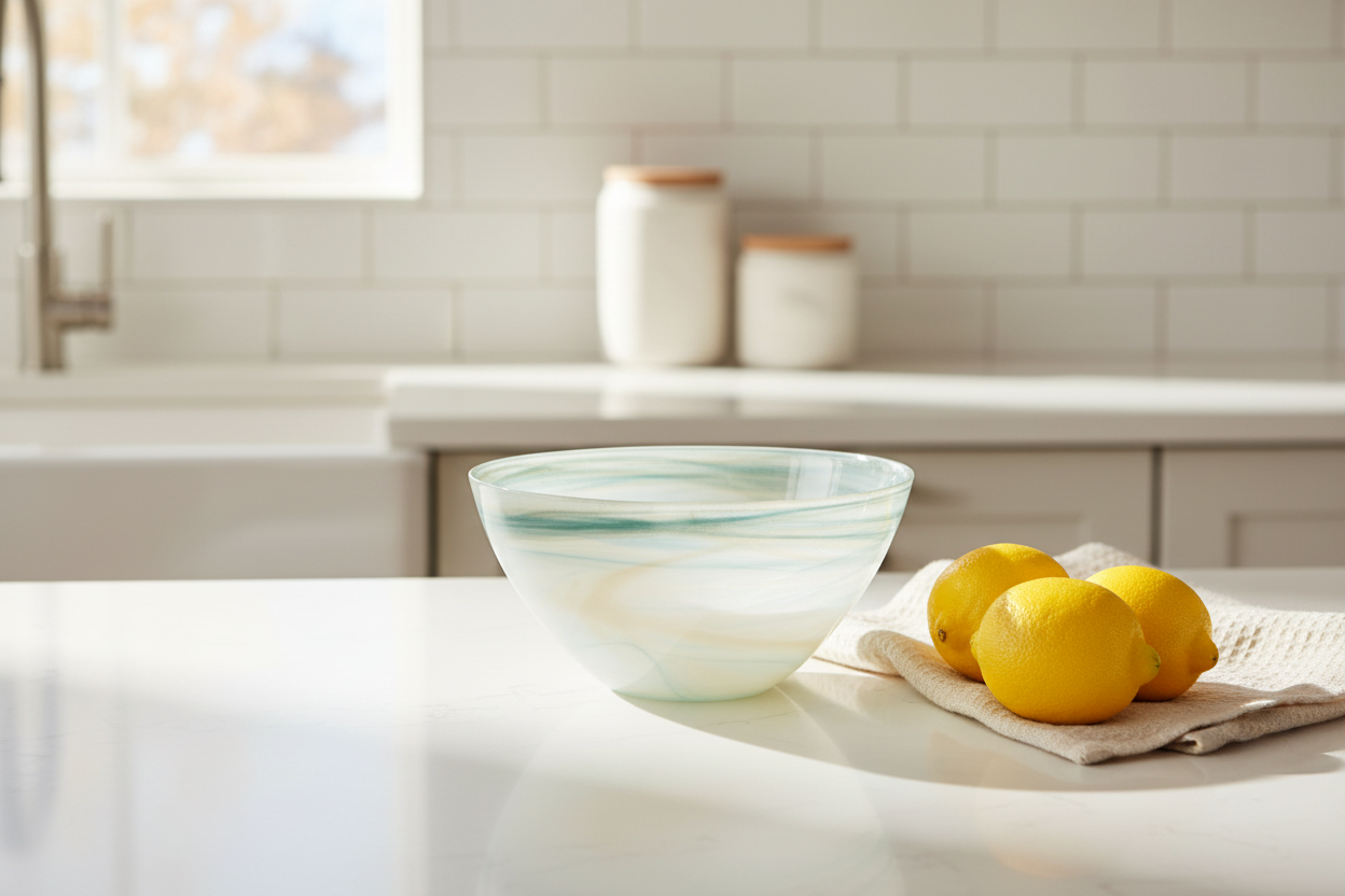 Lagoon Alabaster Glass Bowl Small in a kitchen  – Kitchen Lifestyle
