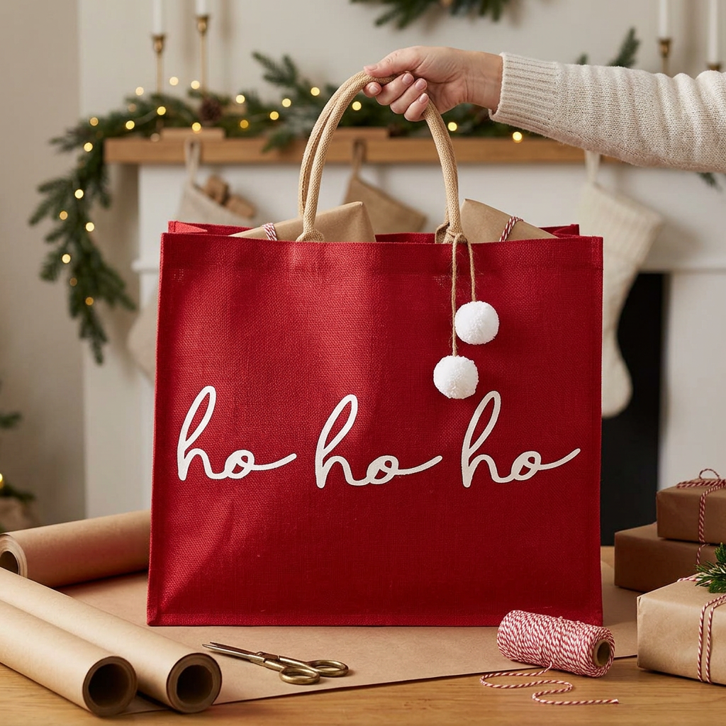 Large Ho Ho Ho tote held at a gift-wrapping table