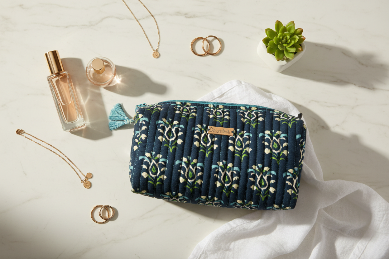 Large Quilted Cosmetic Bag  on white background with jewelry and perfume 