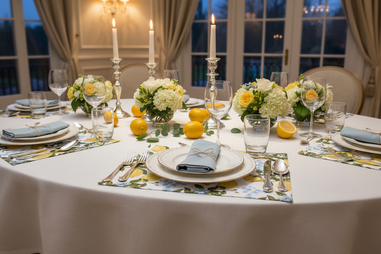 8 Oak Lane Brand reversible blue floral and Lemon Placemats on a Table with flowers at a Dinner Party