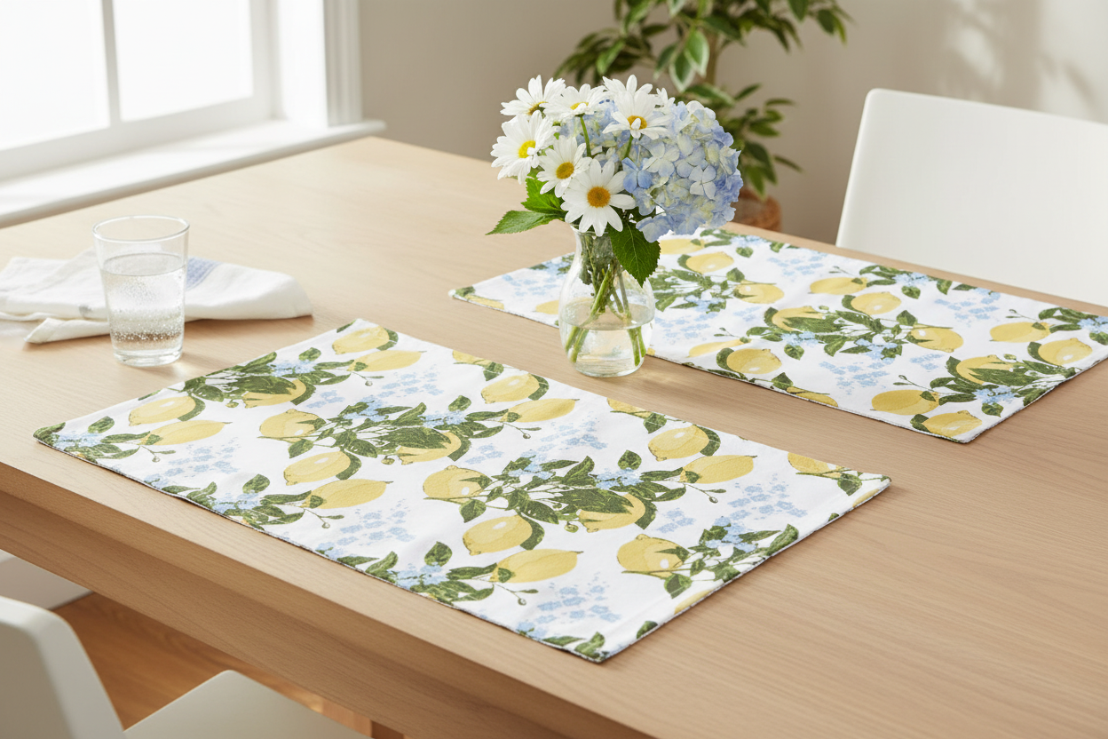 8 Oak Lane Brand reversible blue floral and Lemon Placemats o a Tablewith flowers