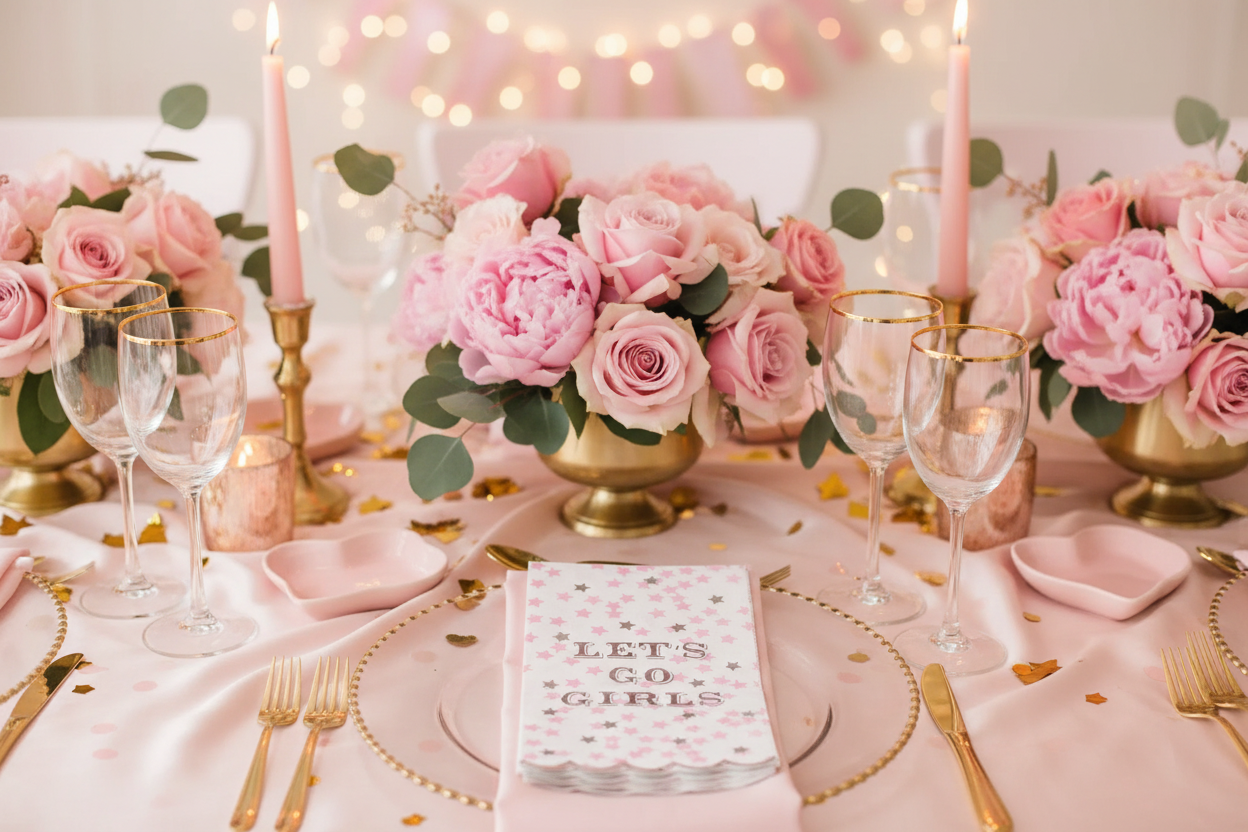 8 Oak Lane Let's Go Girls Disco guest size Napkins on a pink plate  sitting on a pink tablecloth with gold candlesticks, serveware and pink roses in gold vasesLifestyle