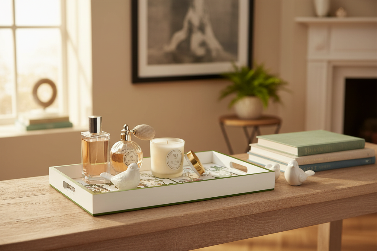Lifestyle Photo have a decorative tray with tigers on it, sitting on a wooden dresser with accessories on top of it