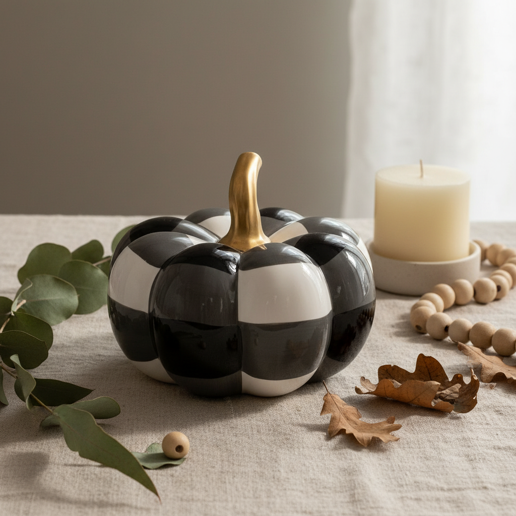 Lifestyle Photo of a black and white buffalo check ceramic pumpkin manufactured by the Royal standard brand on a table with fall decor